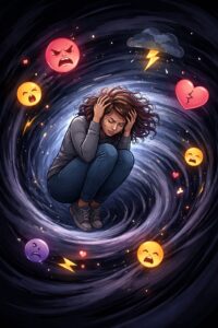 Generated picture of a woman crouching in a vortez of stressful images